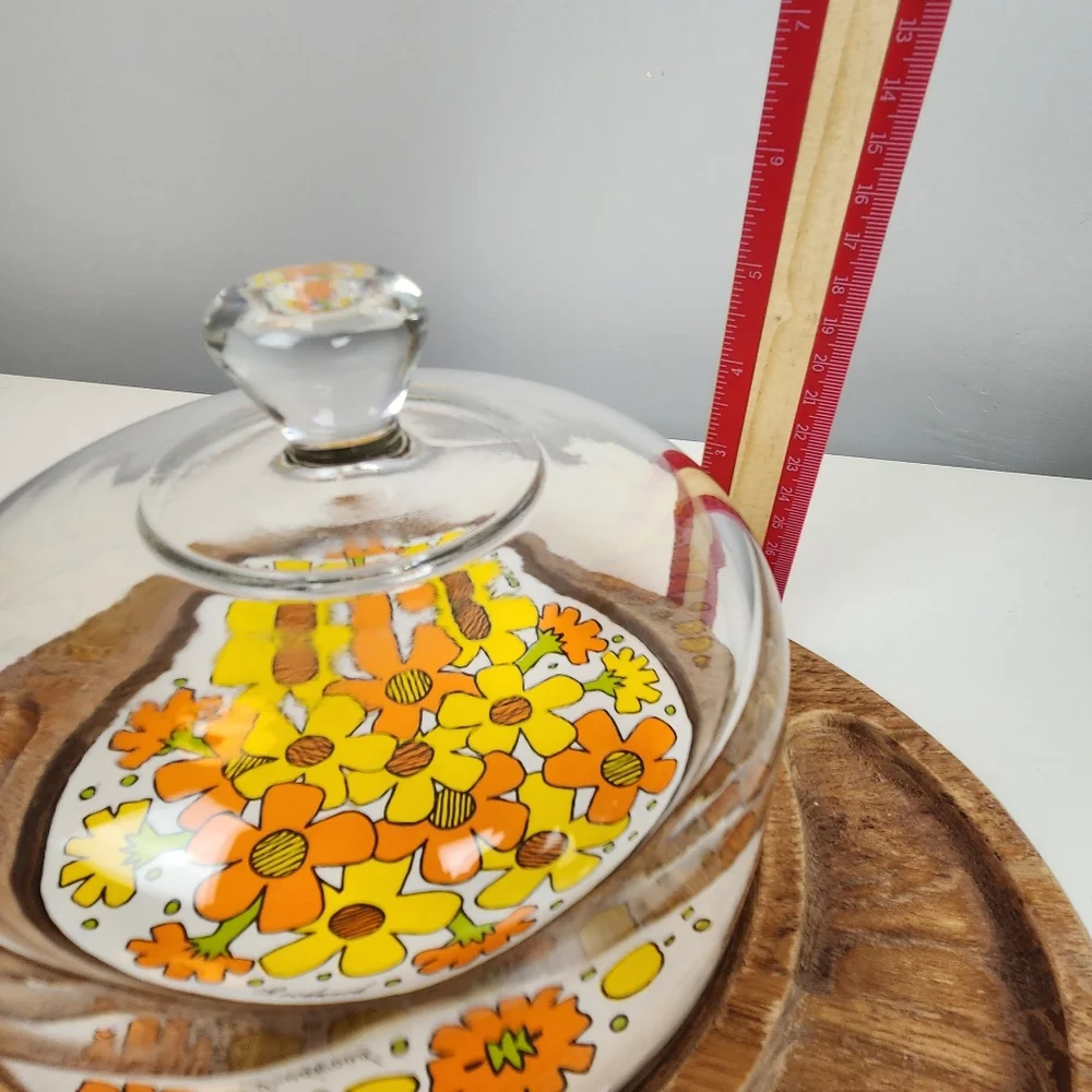  Goodwood Teak Wood Cheese Tray  Glass Cloche Dome Floral Daisy Tile - Picture 4 of 6